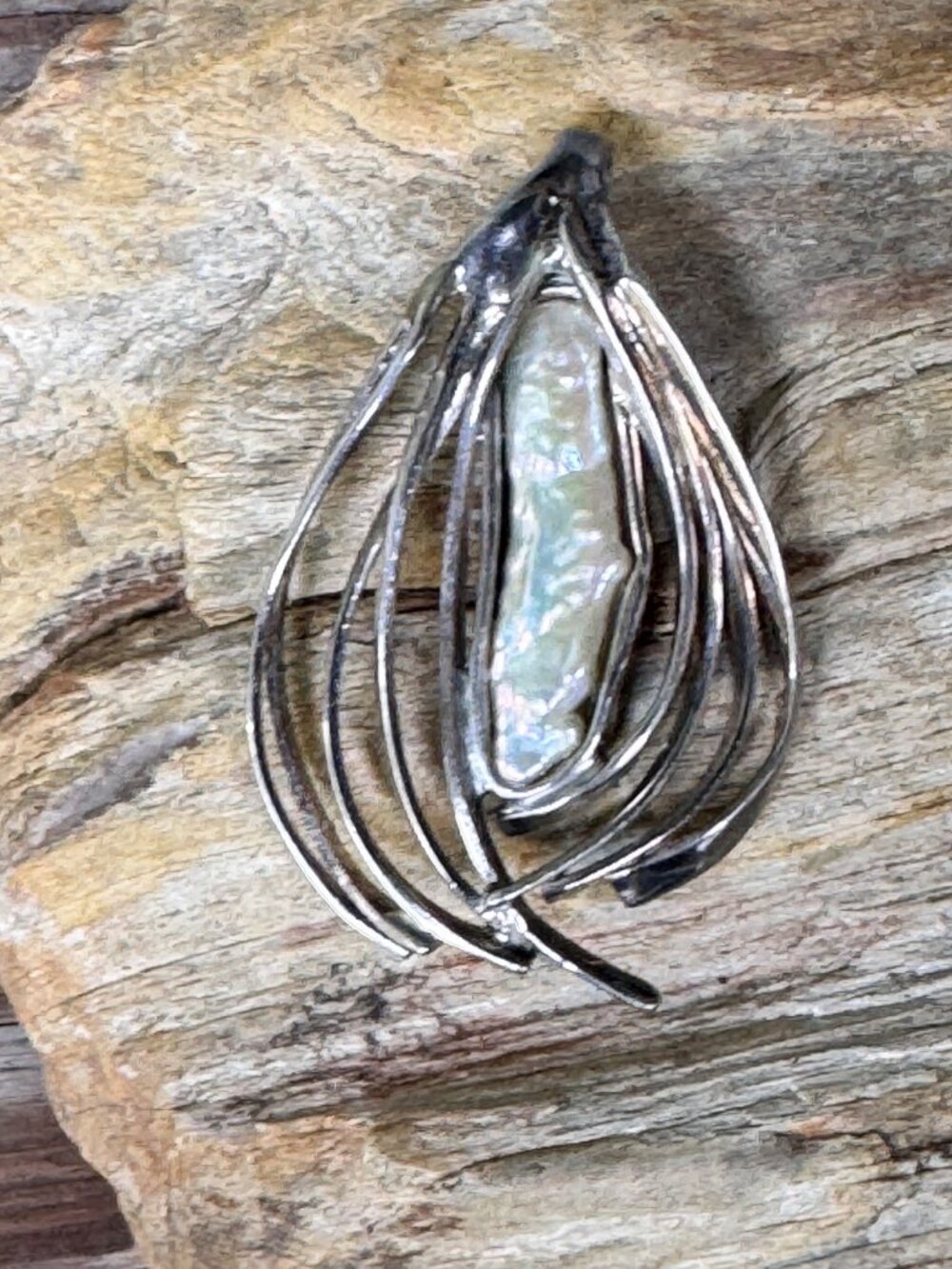 Vintage Sterling Silver Abalone Pendant Abstract Modernist 2 1/4” 16.38g